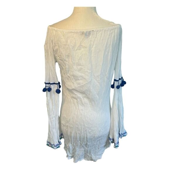 Solitaire Anthropologie Embroidered Swim Cover Up Tunic White Blue Round Neck Be - Picture 3 of 7